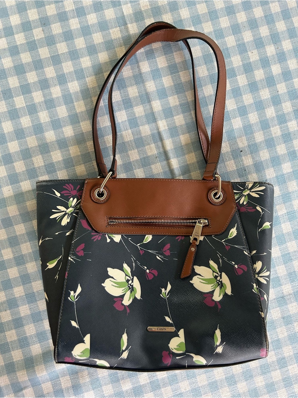 Chaps Floral Tote Bag with Tan Trim